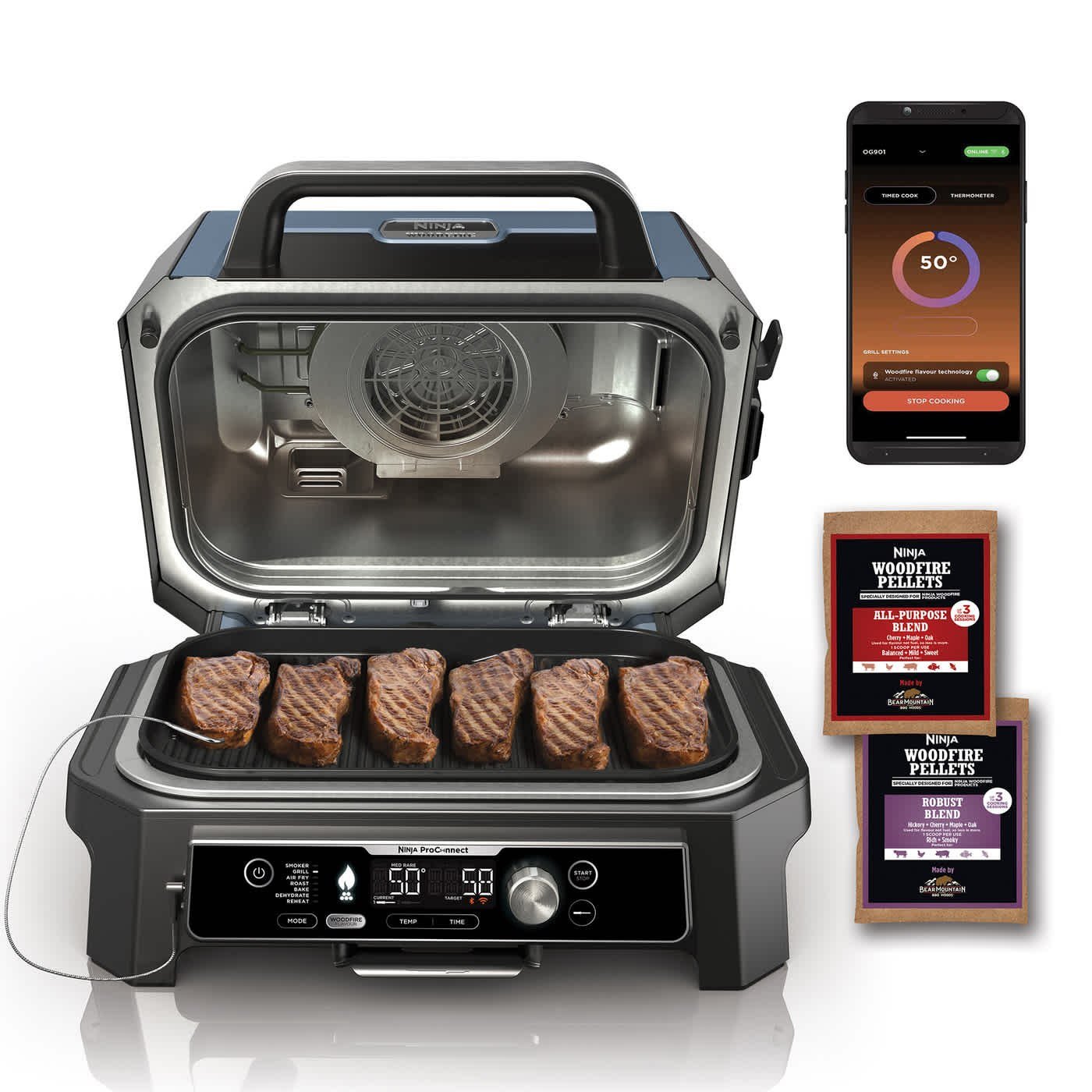 Ninja Woodfire Pro Connect XL OG901EU abierta con hamburguesas y pellets de madera